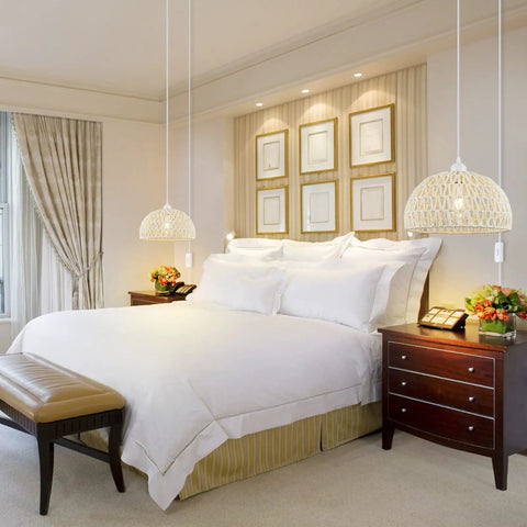 Bedroom with two Rattan Pendant Light With Hemp Rope Cord, Boho Wicker Basket Shade, Cream Finish, Plug In Ceiling Fixture