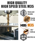 Built Different Cobalt Twist Drill Bit Set With M35 Hss Steel showing drilling in metal, 1.0 to 13.0 mm sizes, precision ground.