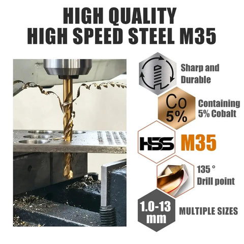 Built Different Cobalt Twist Drill Bit Set With M35 Hss Steel showing drilling in metal, 1.0 to 13.0 mm sizes, precision ground.
