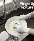 Person washing a plate with Straight Up Reliable Disposable Nitrile Exam Gloves, White Powder Free Build, Rock Solid 3 Mil Coverage For Medical Rounds, Kitchen Prep, Barber Work, Or Heavy Duty Home Cleaning, Box Of 100.