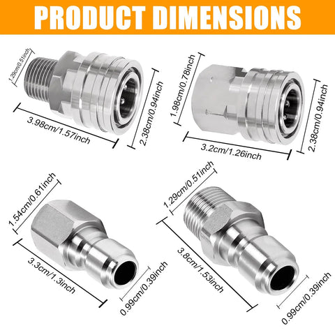 Eight-pack stainless steel 1/4-inch pressure washer quick-connect fittings with male and female adapters.