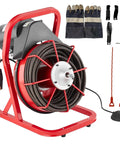 Professional 75 Ft X 1/2 Inch Drain Auger Featuring Responsive Foot Switch, ½ inch steel coil on red stand with accessories.