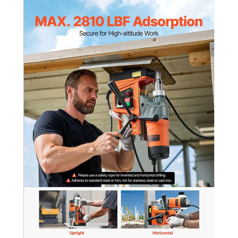 Top Shelf Heavy Duty Magnetic Drill Press With Gutsy 1450W Motor in action, showing max 2810 lbf hold for steel drilling.