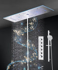 Next Level Bath Vibes 12 By 36 Inch Music Led Shower Panel With Antique Brass Finish showcasing rainfall and waterfall modes.
