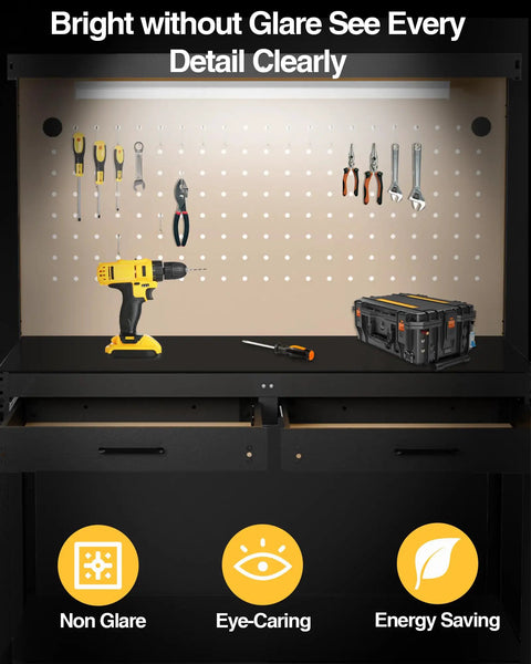 Heavy Duty Garage Work Bench With Drawers Lights Pegboard And Twelve Hooks Storage System Holds Up To 600 Lbs Built For Real Tool Nerds