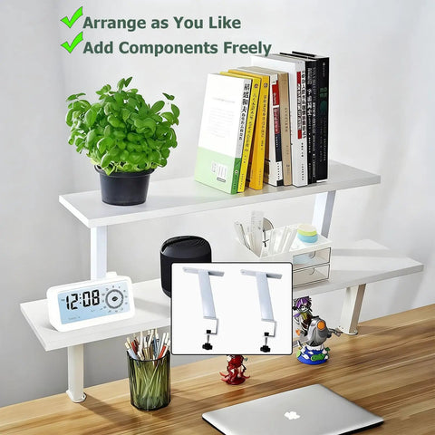 Grab These Rock Solid 2 Pack Desk Clamp Brackets For Heavy Duty Floating Table Support, Legit Carbon Steel Monitor Riser Shelf on workstation.