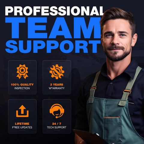 Professional technician with Pro OBD2 Car Code Reader And Diagnostic Scanner For Cars And Trucks, highlighting team support.