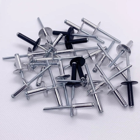 Beefy Heavy Duty Large Flange Aluminum Blind Rivets For Metal Three Sixteenth Inch By Five Eighth Inch Grip Four Point Eight By Sixteen Millimeter Pop Rivets Pro Grade 50 Piece Pack DIY Projects And Repairs scattered on white background