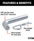 Five Eighths Inch Trailer Hitch Pin And Clip With Clear Zinc Finish Fits Two Inch And Two And A Half Inch Receivers No Hassle Grip
