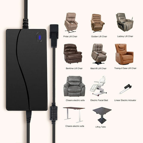 Heavy Duty 29V 2A Power Supply For Electric Recliners And Lift Chairs With LED Indicator Light, featuring a 7.2 ft cord and 2 pin AC DC connector.