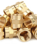 Real Deal 3/4 Inch Female To Female Npt Brass Pipe Coupler stacked angle, durable brass fitting for water lines and marine use.
