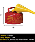 No Sweat One Gallon Type I Red Safety Gas Can With Self Closing Spout And Screw On Funnel For Hauling Gasoline Flammable Fuel Storage.