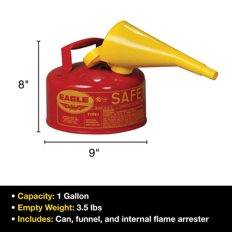 No Sweat One Gallon Type I Red Safety Gas Can With Self Closing Spout And Screw On Funnel For Hauling Gasoline Flammable Fuel Storage.