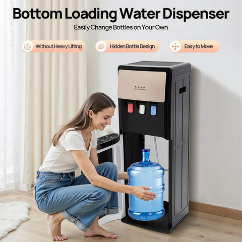 Woman using bottom loading 5 gallon water dispenser with hot and cold water, 3 temperature settings, champagne gold finish