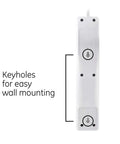 Must-Have Six-Outlet Surge Protector Power Strip 2 Pack With 20 Ft Extension Cord 800 Joules Flat Plug showing keyholes for wall mounting