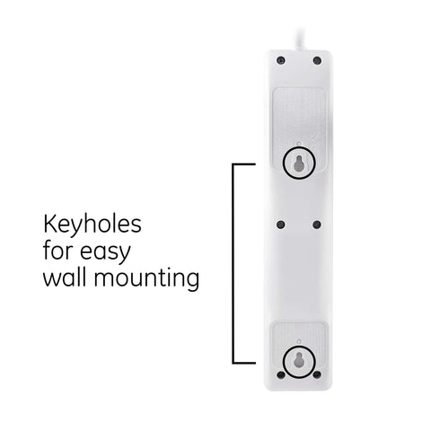 Must-Have Six-Outlet Surge Protector Power Strip 2 Pack With 20 Ft Extension Cord 800 Joules Flat Plug showing keyholes for wall mounting