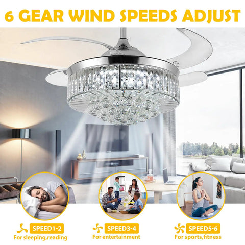 36 Inch Invisible Ceiling Fan Chandelier With Retractable ABS Blades Remote Control Modern Crystal Design Silver Finish