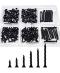 Heavy Duty Black Flat Head Screw Assortment Kit With Killer Grip Thread Designed For Drywall And Wood Projects, six screw sizes displayed.