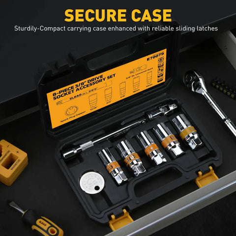 Three Eighths Inch Drive Spark Plug Socket Set With Universal Joint And Six Inch Extension Bar SAE And Metric Sockets in case