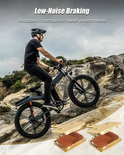 Metal Brake Pads For EB26 Ares 2 V9-G60 S8 S6 Electric Bikes, ideal for low-noise braking in harsh conditions, shown in nature trail ride.