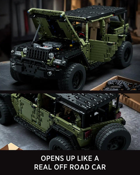 4x4 Off Road Car Building Kit For Adults With Open Roof And Doors, military style model showing raised hood and doors open