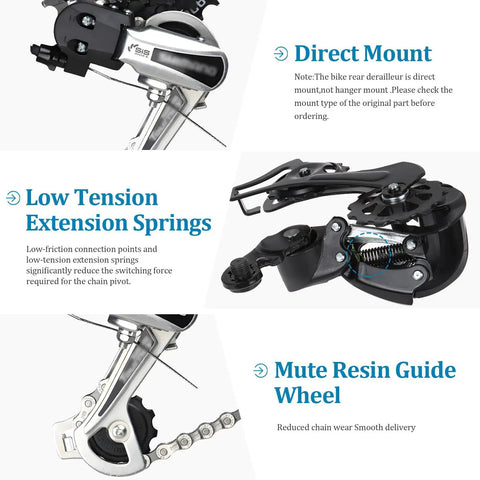 Rear Derailleur RD TY21B Six Seven Speed Direct Mount for Mountain Bikes and Commuter Cruisers, Silver Finish, features highlighted.