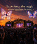 Festival scene with RC Flying Butterfly Drone With LED Lights And Realistic Flapping Wings in the sky during sunset