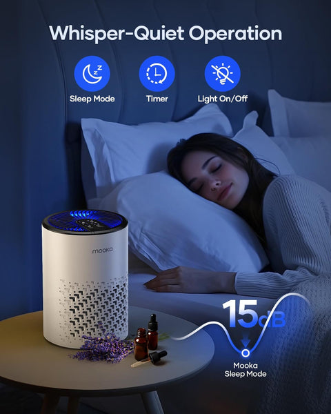 Bedroom HEPA Air Purifier Pet Friendly For Allergens With Fragrance Sponge 360 Degree Air Cleansing next to sleeping woman.