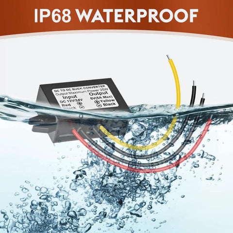 Two Pack 24V And 12V To 5V 5A 25W Step Down Converter Module Buck Regulator in water showcasing IP68 waterproof feature.