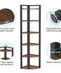Straight Up Dope Six Tier Corner Shelf And Bookshelf Combining Rustic Wood Grain With Reinforced Steel Frame displaying thick wood shelves and sturdy frame.