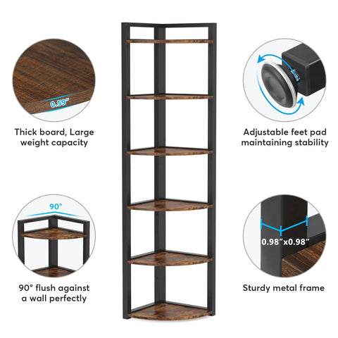 Straight Up Dope Six Tier Corner Shelf And Bookshelf Combining Rustic Wood Grain With Reinforced Steel Frame displaying thick wood shelves and sturdy frame.