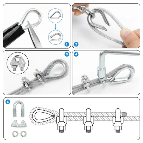 Assembly guide for Three Sixteenth Inch Wire Rope Clips Kit With One Hundred Feet PVC Coated Galvanized Steel Cable Featuring Seven By