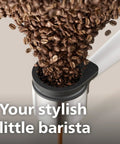 Bean To Cup Espresso Maker Featuring A Built In Grinder And Auto Milk Frother Delivering Thick Microfoam With A Rock Solid 16 Bar Pump pouring coffee beans.
