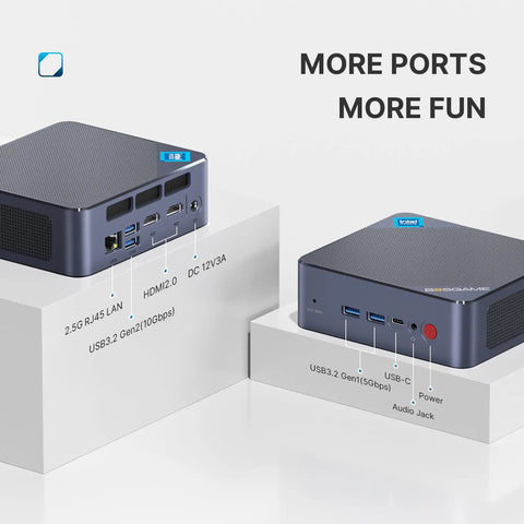 Lightning Fast N95 Mini PC For Home Office And Media, 12th Gen Intel N95, 16GB DDR4 RAM, 512GB SSD, rear and front view