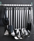 Kitchen Utensil Rail Organizer - Wall Mounted Gourmet Rack With 14 Hooks displaying spatulas and ladles