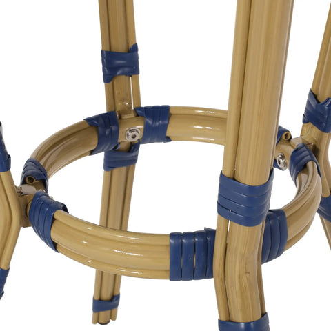 Close-up of Picardy Outdoor Bistro Table leg design with aluminum frame and wicker wrappings in bamboo print and dark teal finish.