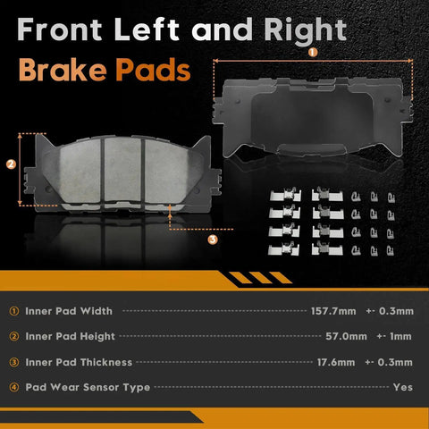 Front Brake Kit For Toyota Camry 2007 2017, Avalon 2008 2018, Lexus ES350 2007 2018, ES300h 2013 2018 With Geomet Coated Discs Drilled And Slotted Rotors And Ceramic Pads, Model KOE3053 showing front left and right brake pads and dimensions