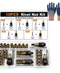 Premium Carbon Steel Rivet Nut Set With Heavy Duty Head Tool For M3 To M8 Sizes Featuring Compact Carry Case Perfect For Garage Fixes And Diy Projects That Get The Job Done Fast, open case with M3-M8 inserts and gloves