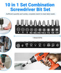 10 in 1 Set Combination Screwdriver Bit Set with various bits, dimensions shown, used with drill in different applications.