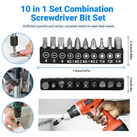 10 in 1 Set Combination Screwdriver Bit Set with various bits, dimensions shown, used with drill in different applications.
