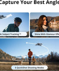 Dope Fly More Combo With Dual Screen Remote, 4K UHD Drone Camera showcasing AI subject tracking and shooting modes in landscape.