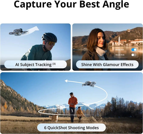 Dope Fly More Combo With Dual Screen Remote, 4K UHD Drone Camera showcasing AI subject tracking and shooting modes in landscape.