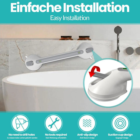 12 Inch Shower Grab Bar With Red Green Indicator Lights, No Slip Suction Bath Handle, Easy Installation Diagram Over Tub
