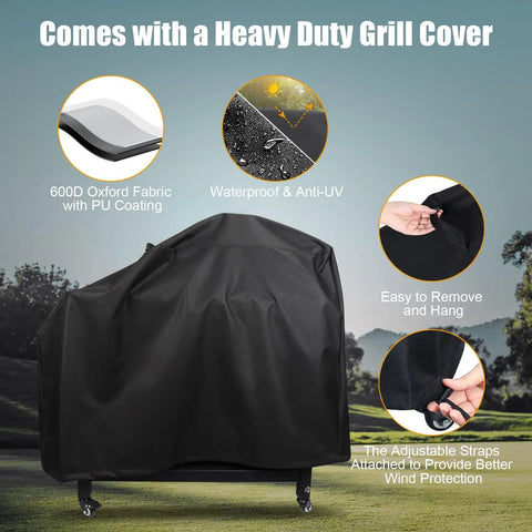 Image of Grill Stand For Ninja Woodfire Outdoor Grills Portable Foldable Cart Table With Four Wheels And Cover, black cover on grass.