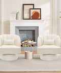 Two Ultra Comfy 360 Degree Velvet Swivel Barrel Chairs with plush padding and striped backrest in a cozy beige living room setting.