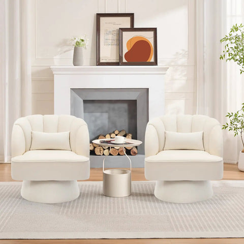 Two Ultra Comfy 360 Degree Velvet Swivel Barrel Chairs with plush padding and striped backrest in a cozy beige living room setting.