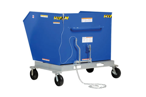 Built Tough Steel Tilting Hopper Forklift Skips Debris And Trash Two Thousand Pound Load Capacity One Point Five Cubic Yards blue steel hopper on wheels