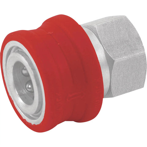 Insulated Quick-Connect Coupler For Pressure Washer, 1/4in NPT-F, 5000 PSI, stainless steel with red heat-resistant sleeve