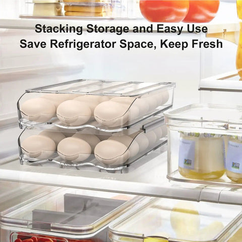 Auto Rolling Egg Holder For Fridge With 36 Egg Capacity Two Layer Clear Egg Organizer Bin With Lid in refrigerator