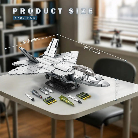 F-22 Raptor Fighter Jet Building Set For Adults And Aviation Fans on table showing 15.75x20.47 inches with accessories.